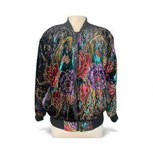 Vintage Velvet Burnout Metallic Floral Bomber Jacket Korea Made Statement Jacket